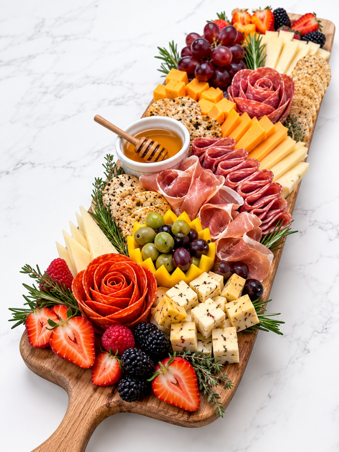 Long charcuterie board with honey, cheeses, cured meats, fruit, and crackers