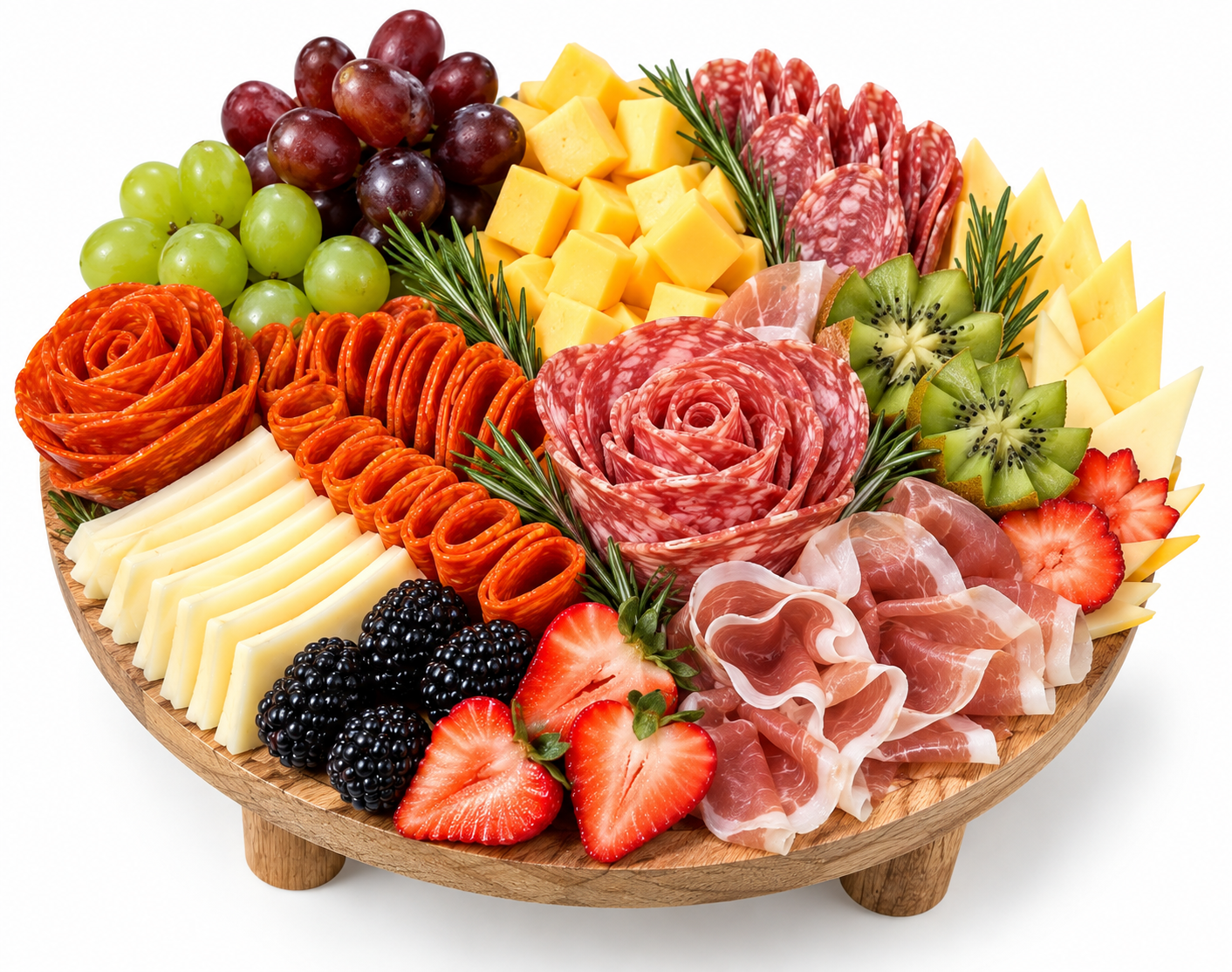 Round charcuterie board with salami roses, prosciutto, fruit, and cheeses