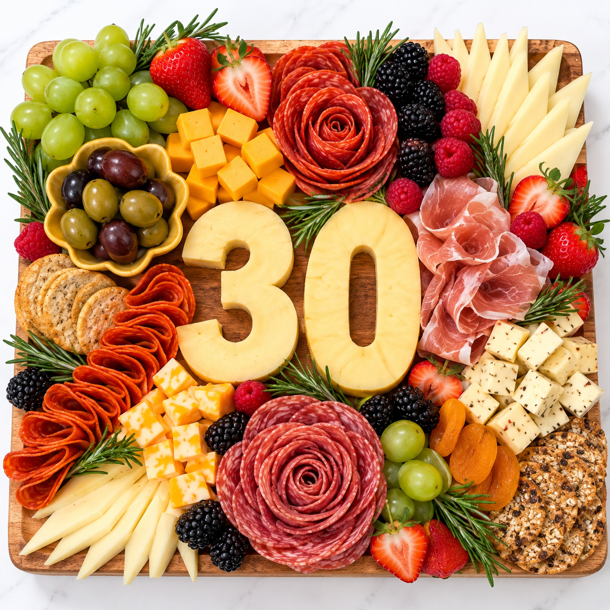 Birthday charcuterie board featuring the number thirty
