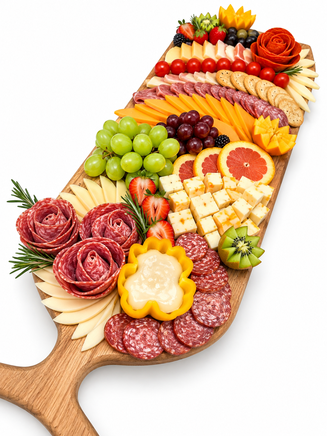 Long handled charcuterie board with salami roses, fruit, cheeses, and crackers