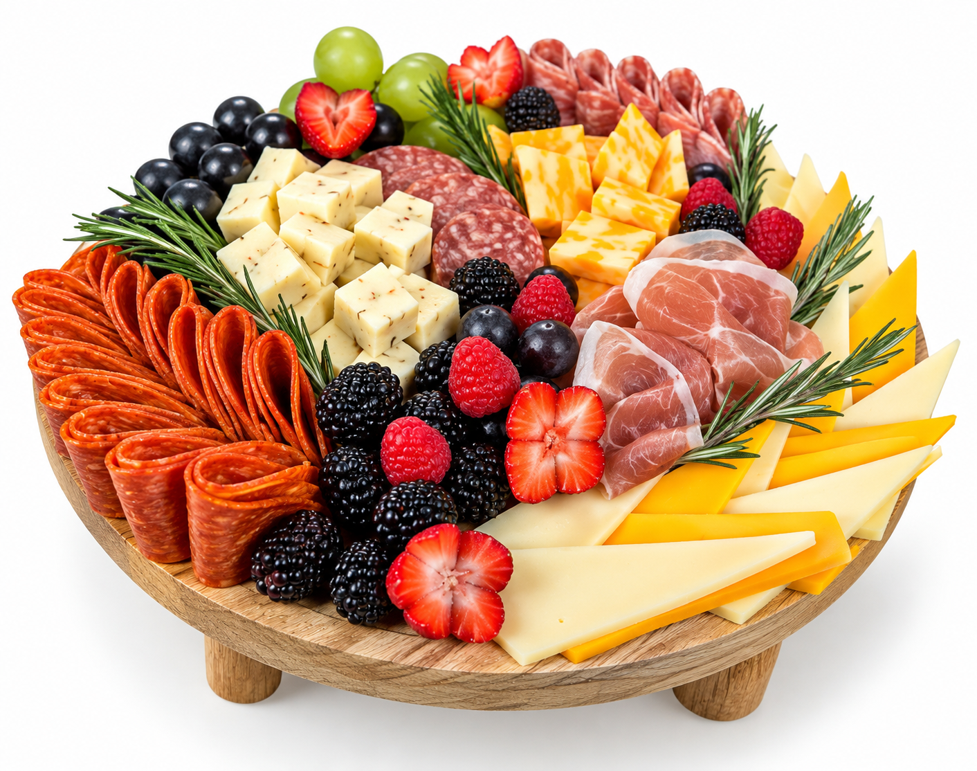 Round charcuterie board with cheeses, berries, grapes, and cured meats