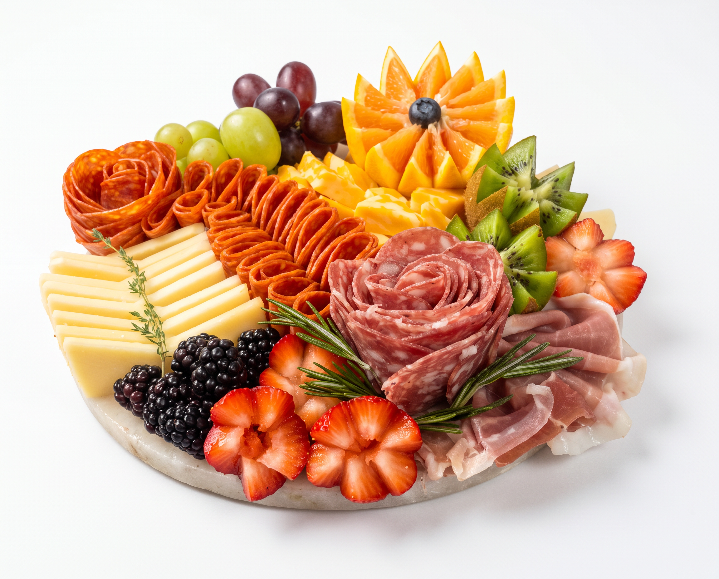 Charcuterie board with a salami rose centerpiece