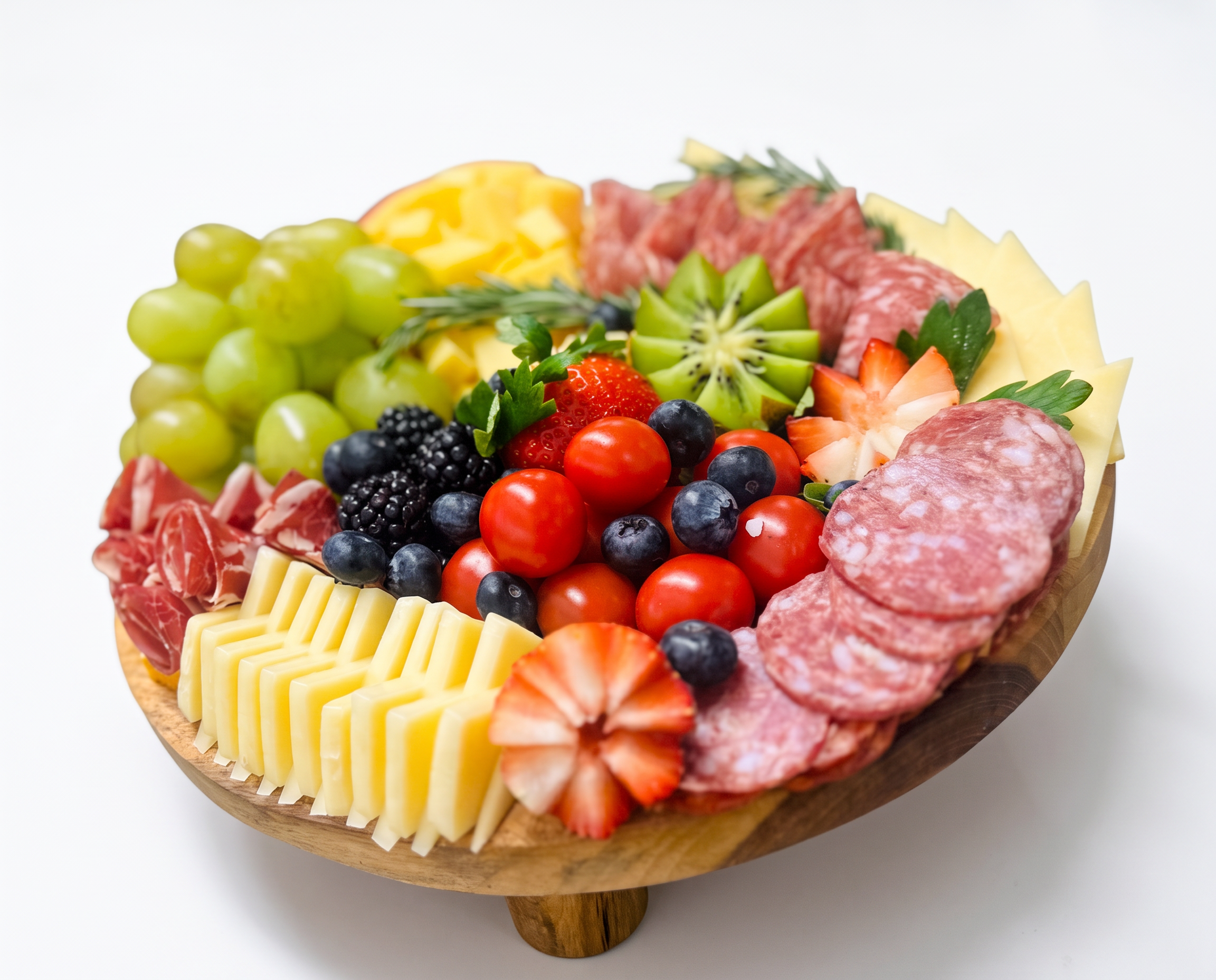 Bright fruit and charcuterie board on a wooden stand