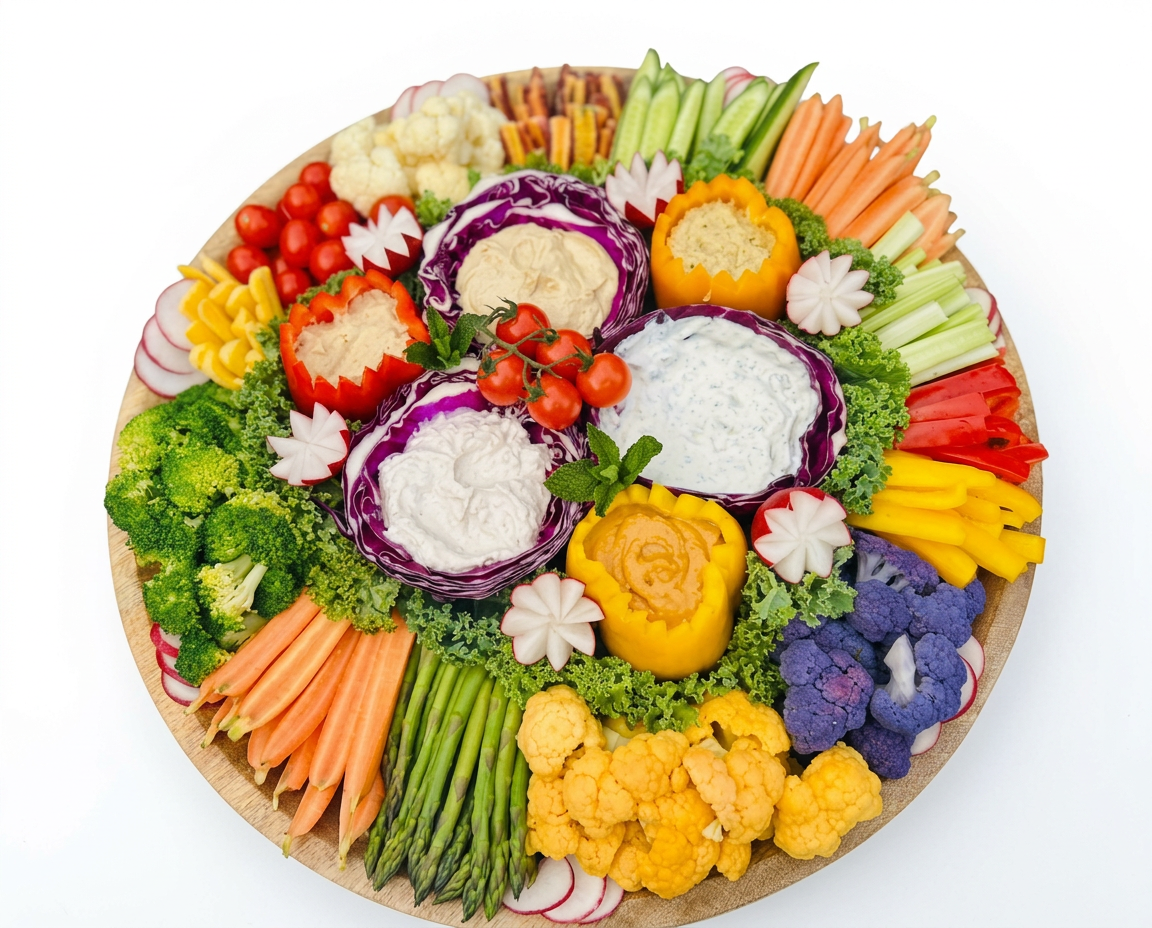 Colorful round veggie board with fresh vegetables and dips
